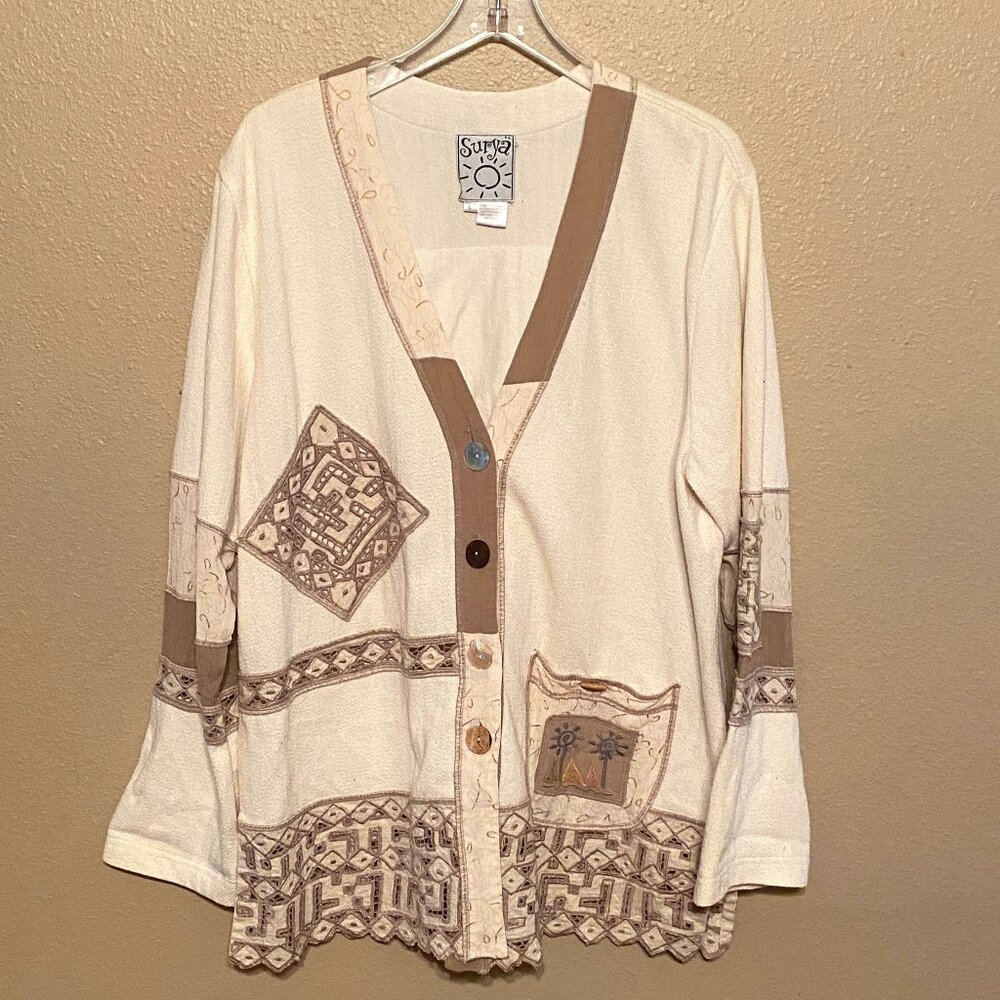 SURYA Art To Wear Vintage Women Cardigan Beige Embroidered Eclectic Size L